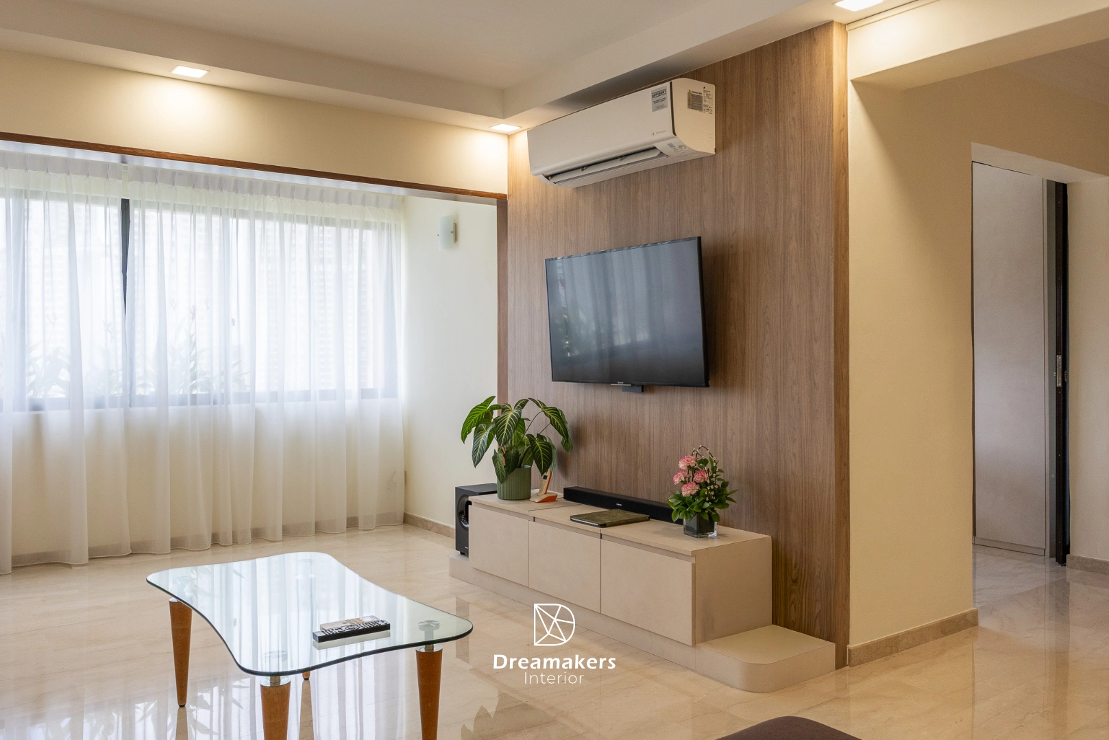 Living room with built-in storage and warm wood tones, Mei Ling Street resale