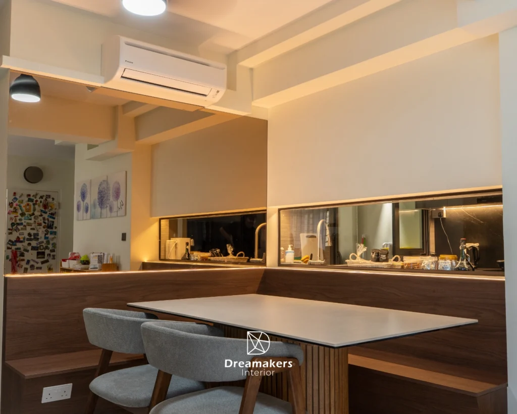 Completed 4-room BTO renovation in Singapore showing modern living room interior by Dreamakers