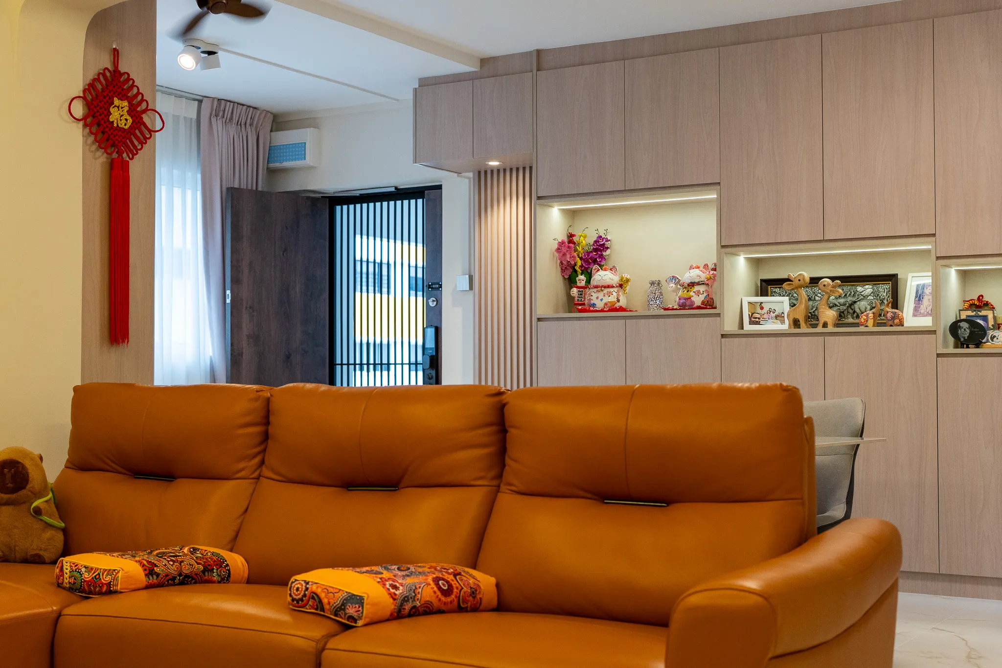 Japandi living room in a 4-room HDB flat designed and project-managed by Dreamakers Interior, Singapore