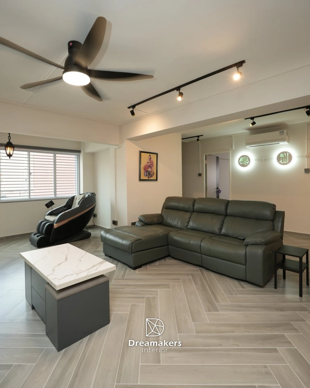 Living room with herringbone floor tiles, recliner sofa and backlit calligraphy art, 332 Tampines Street 32