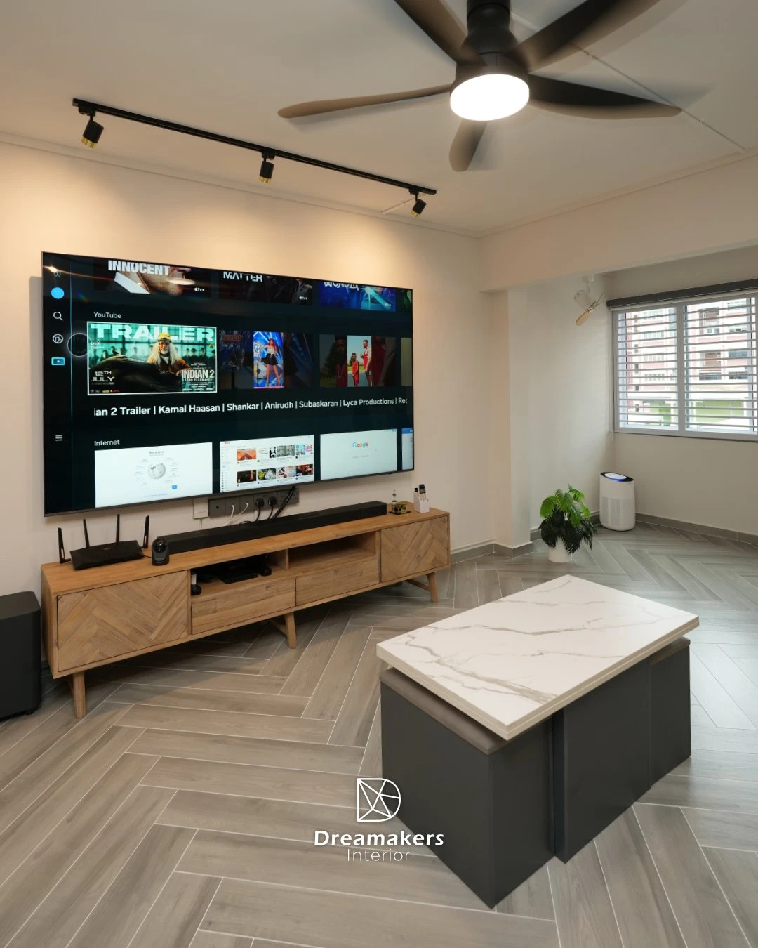 Living and dining area with ceiling fan, track lighting and lantern wall sconce, Tampines executive apartment renovation