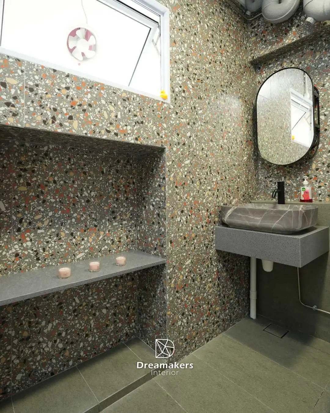 Bathroom in colourful terrazzo tiles with floating vanity and marble vessel basin, Tampines EA renovation