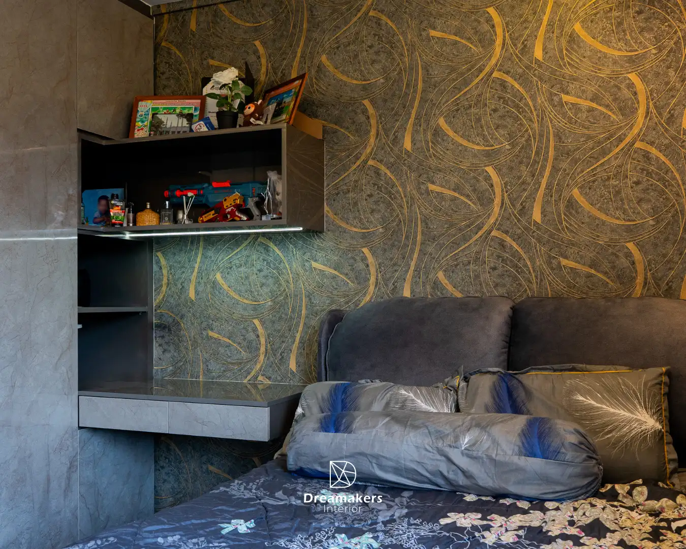 Bedroom with gold swirl wallpaper, marble-look wall panels and backlit floating dresser, Telok Blangah resale flat