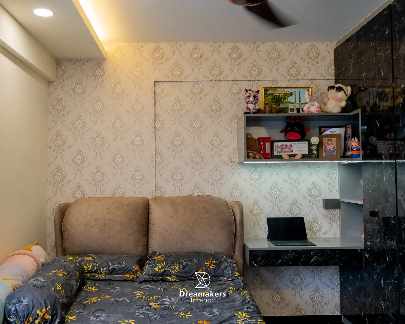Junior bedroom with damask wallpaper, concealed wallpapered door and floating study desk, Telok Blangah HDB