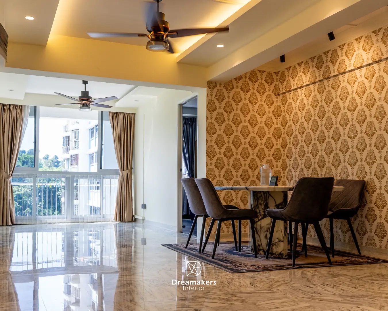 Dining area with gold damask wallpaper and marble dining table, Telok Blangah Drive renovation