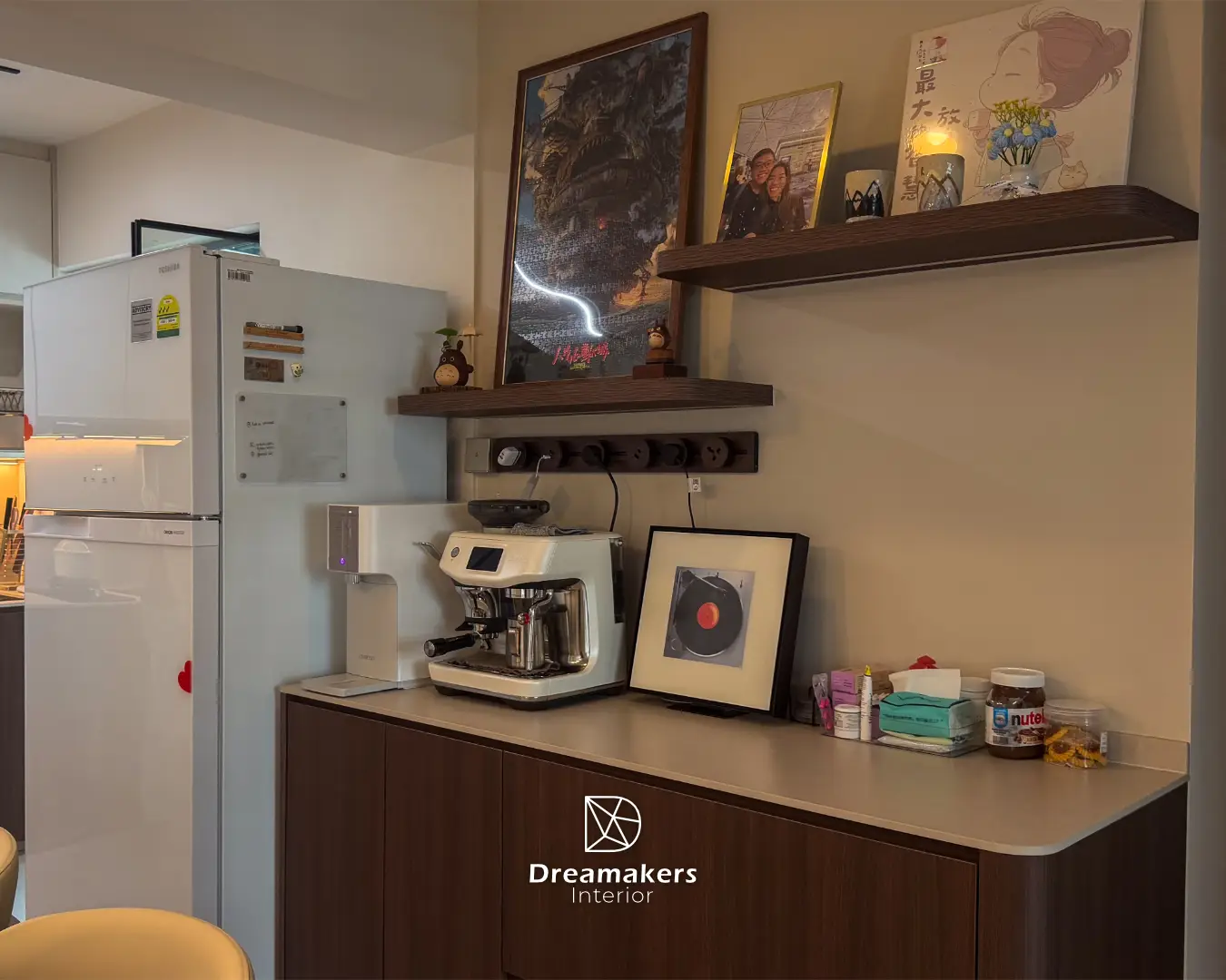 Coffee bar with espresso machine and floating walnut display shelves, Anchorvale Crescent HDB dining area