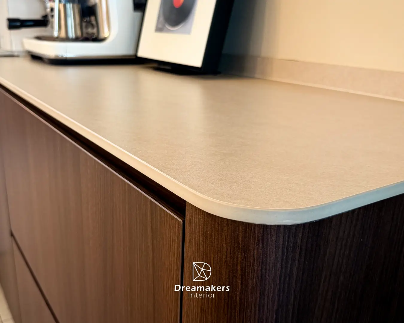 Curved countertop detail on the walnut coffee bar sideboard, Sengkang 4-room resale renovation