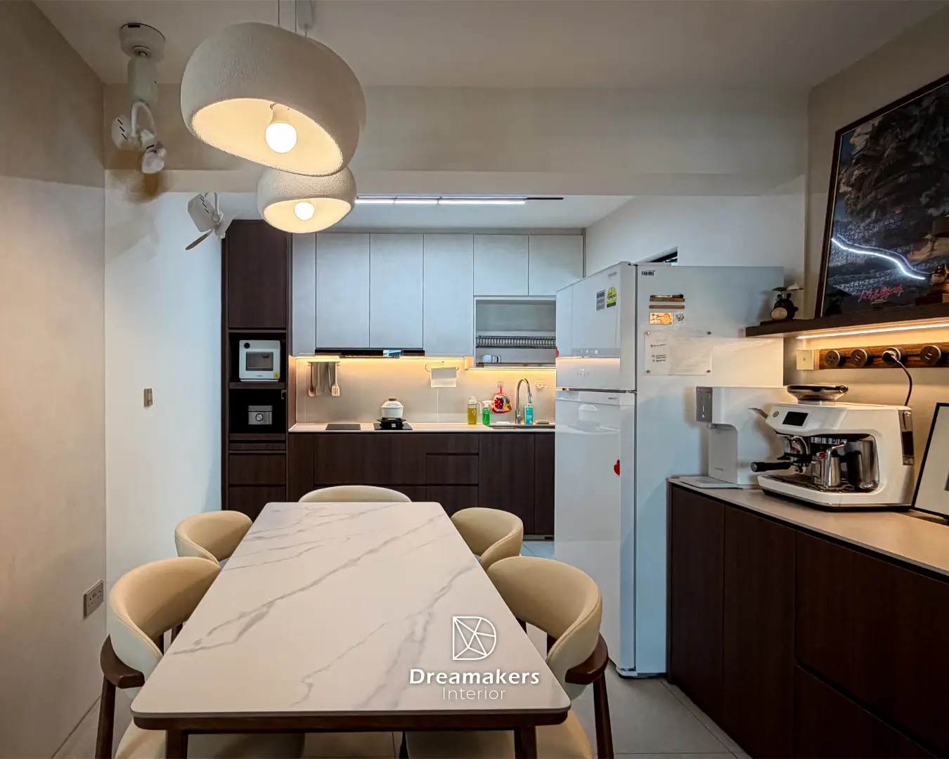 Dining area with textured dome pendants and two-tone kitchen behind, Anchorvale Crescent 4-room resale flat