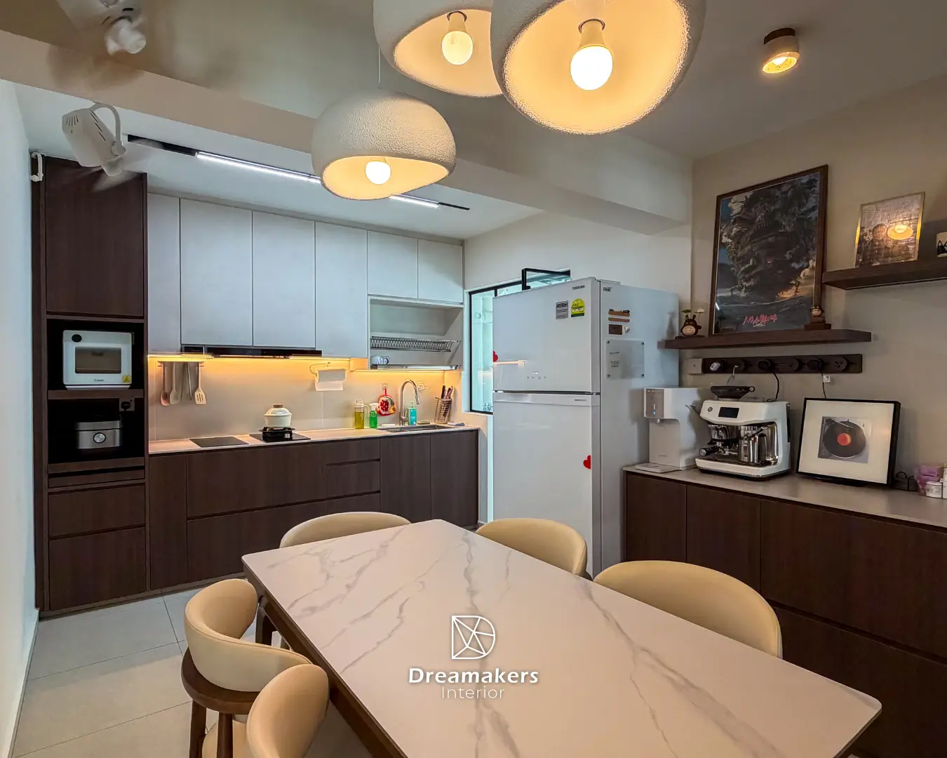 Open kitchen and dining area with dome pendant lights and marble-look table, Sengkang 4-room resale renovation