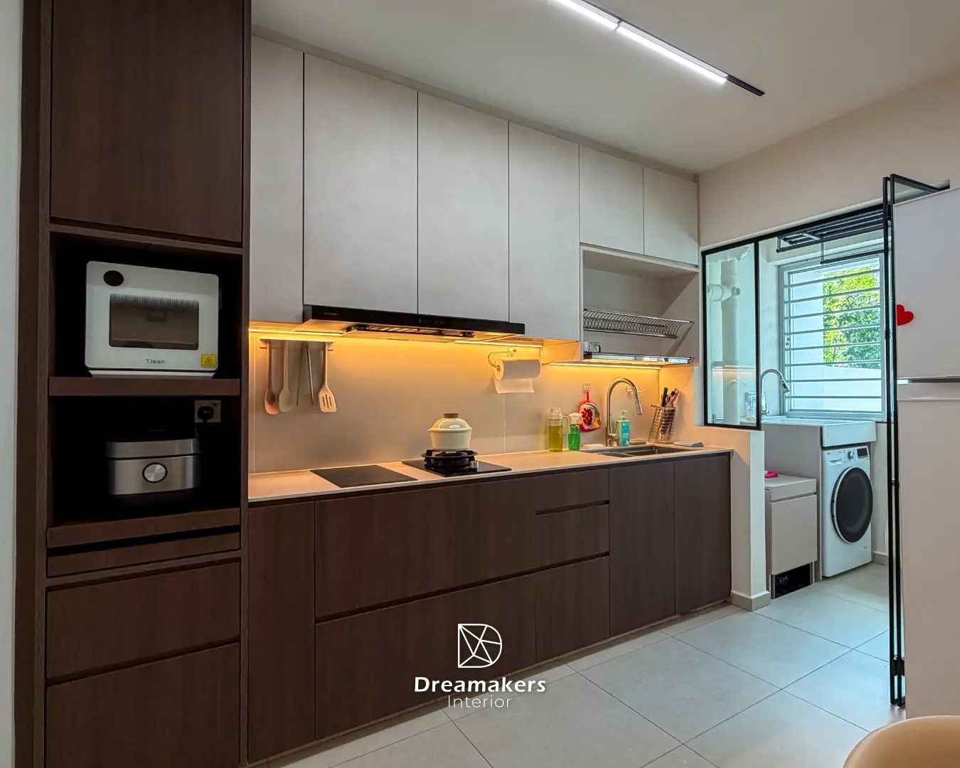 Two-tone kitchen with walnut lower cabinets and appliance tower, Anchorvale Crescent resale flat