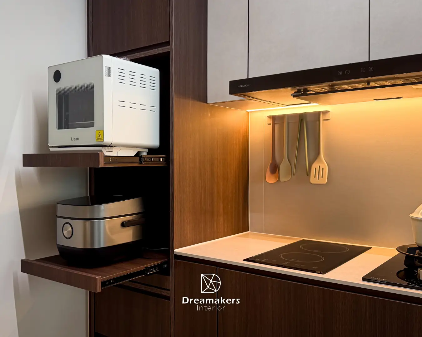 Pull-out appliance shelves and hob with under-cabinet lighting, Sengkang 4-room resale HDB kitchen