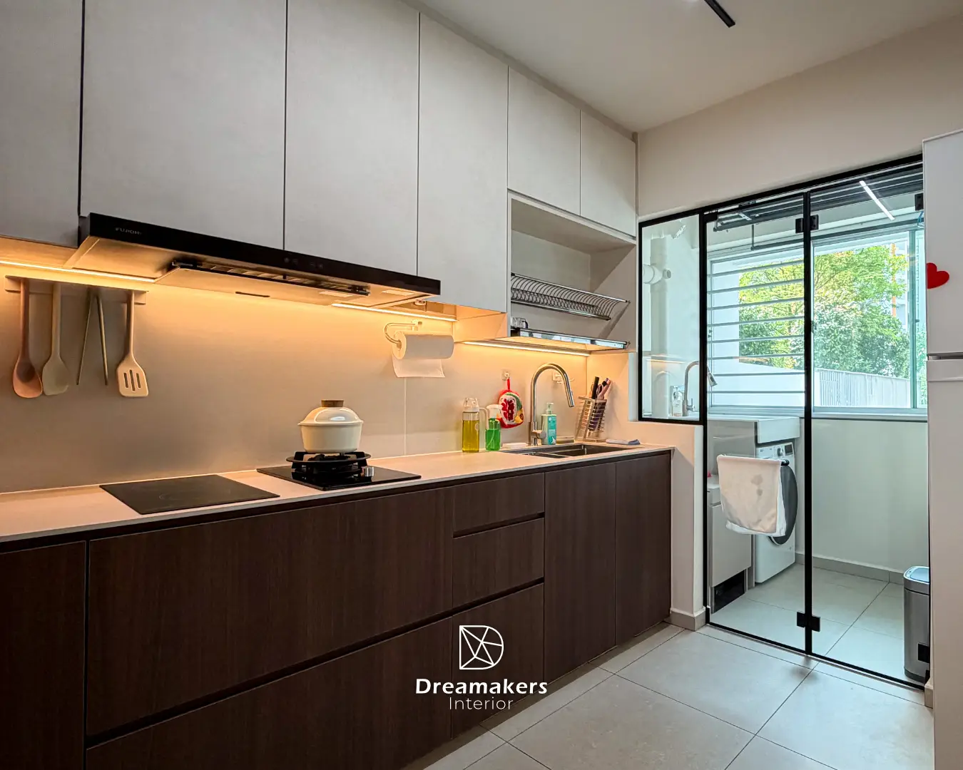 Kitchen with black-framed glass door and window to the service yard, Anchorvale Crescent 4-room resale HDB