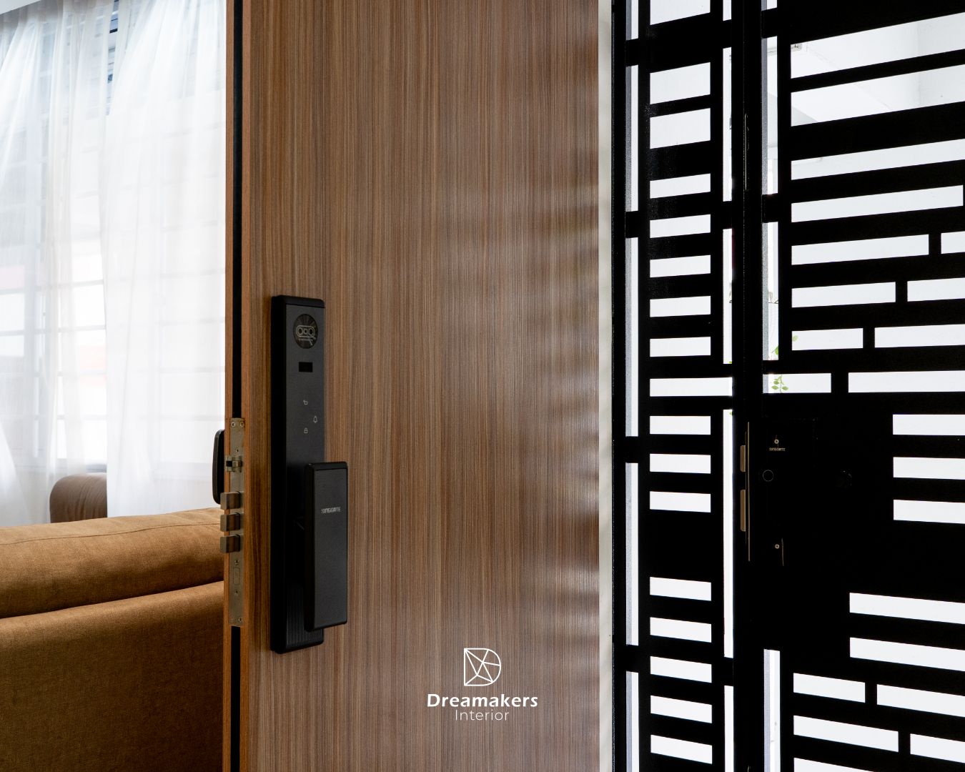 Entrance with wood-grain main door, digital lock and laser-cut gate, Lengkong Tiga resale flat