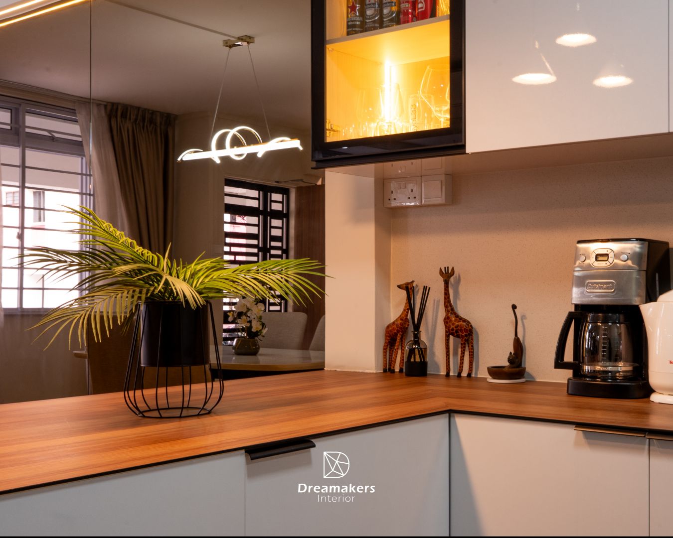 Kitchen with backlit display cabinet and pendant lights, Lengkong Tiga HDB