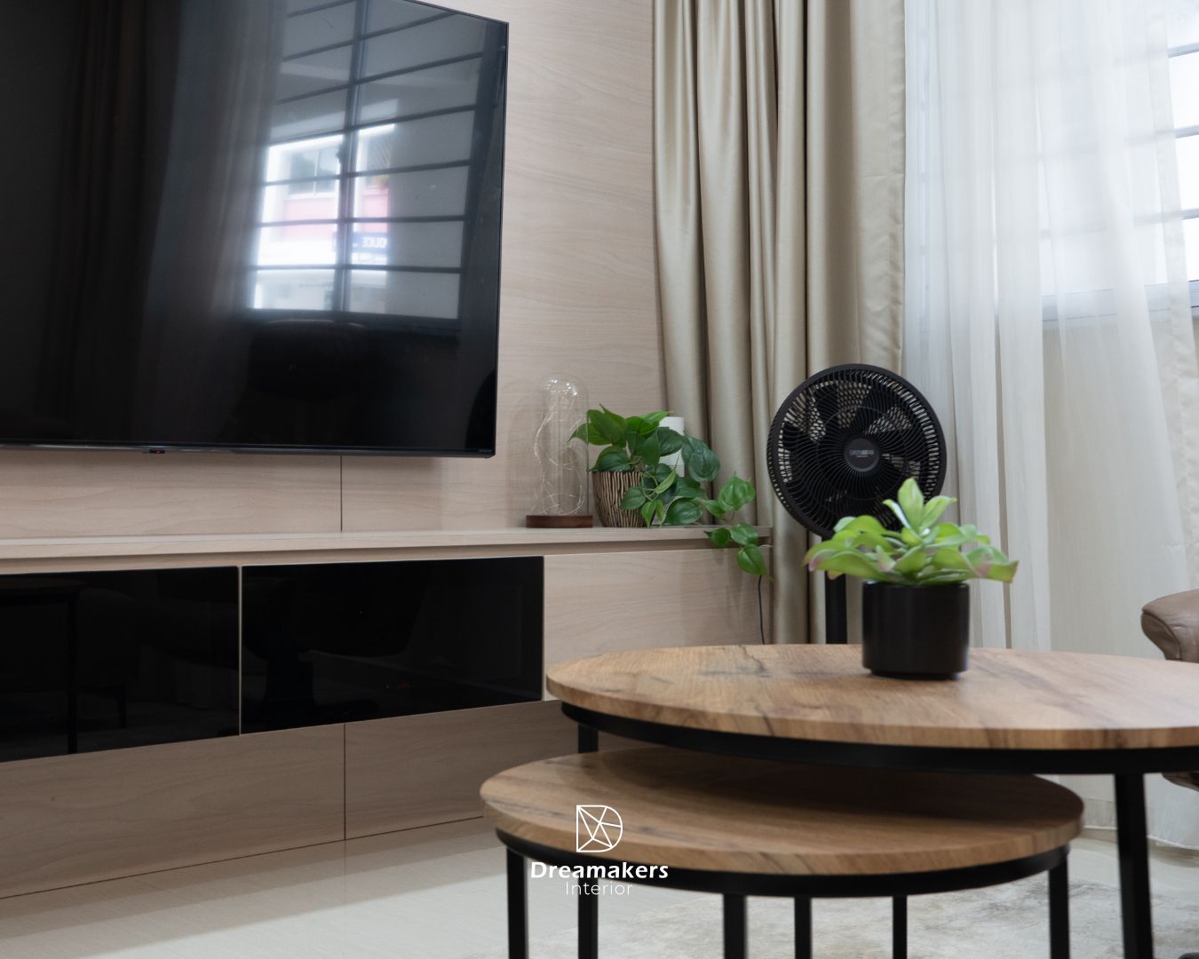 Living room TV feature wall in light wood panelling, Lengkong Tiga 4-room resale