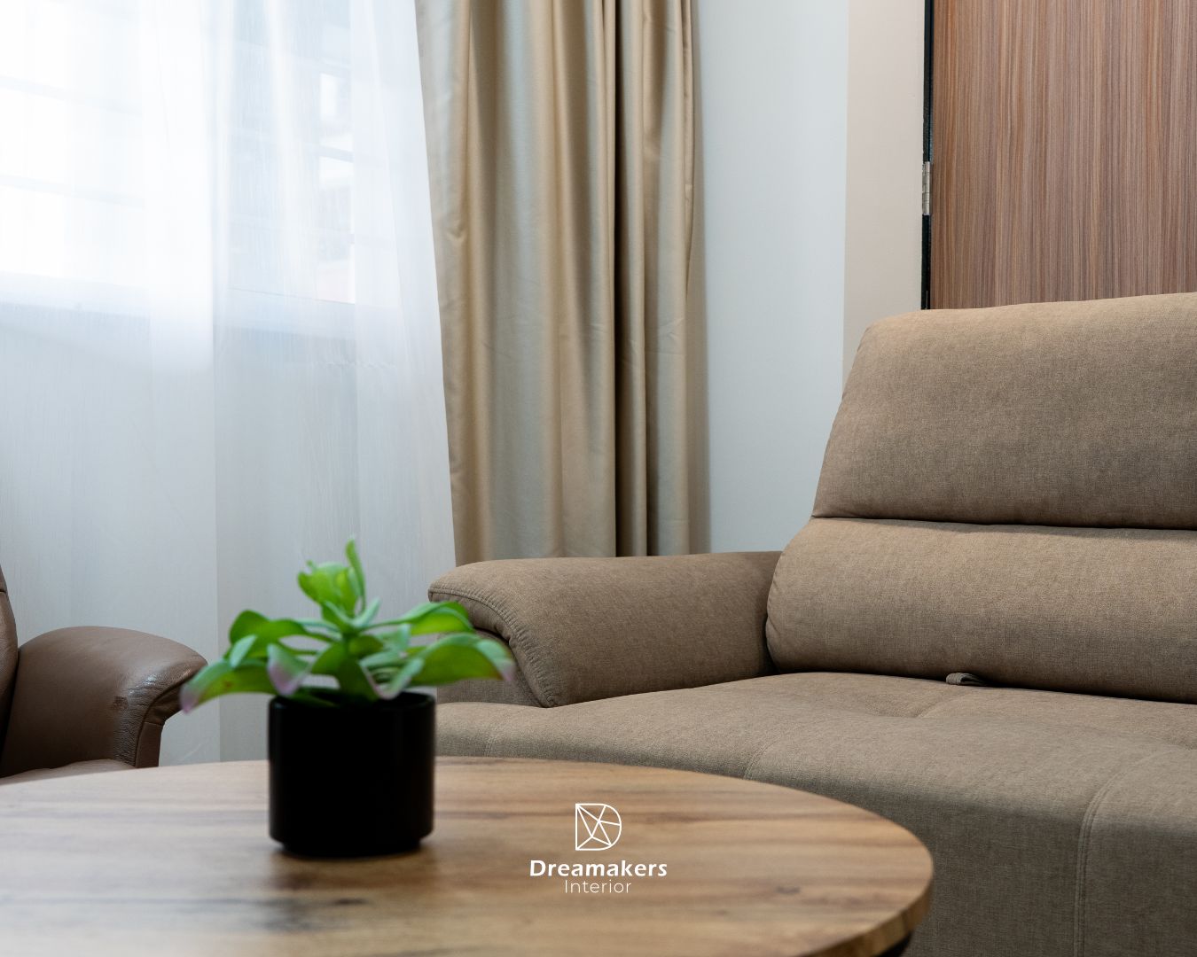 Living room with floating TV console and warm neutral palette, Lengkong Tiga HDB