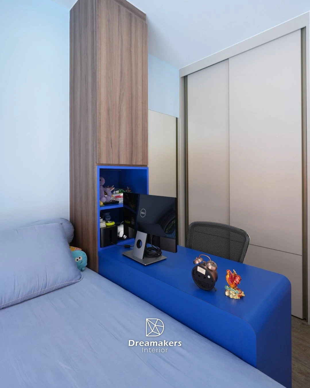 Second kids' room with blue feature desk, walnut wardrobe and twin study corner, Parc Canberra EC Sembawang