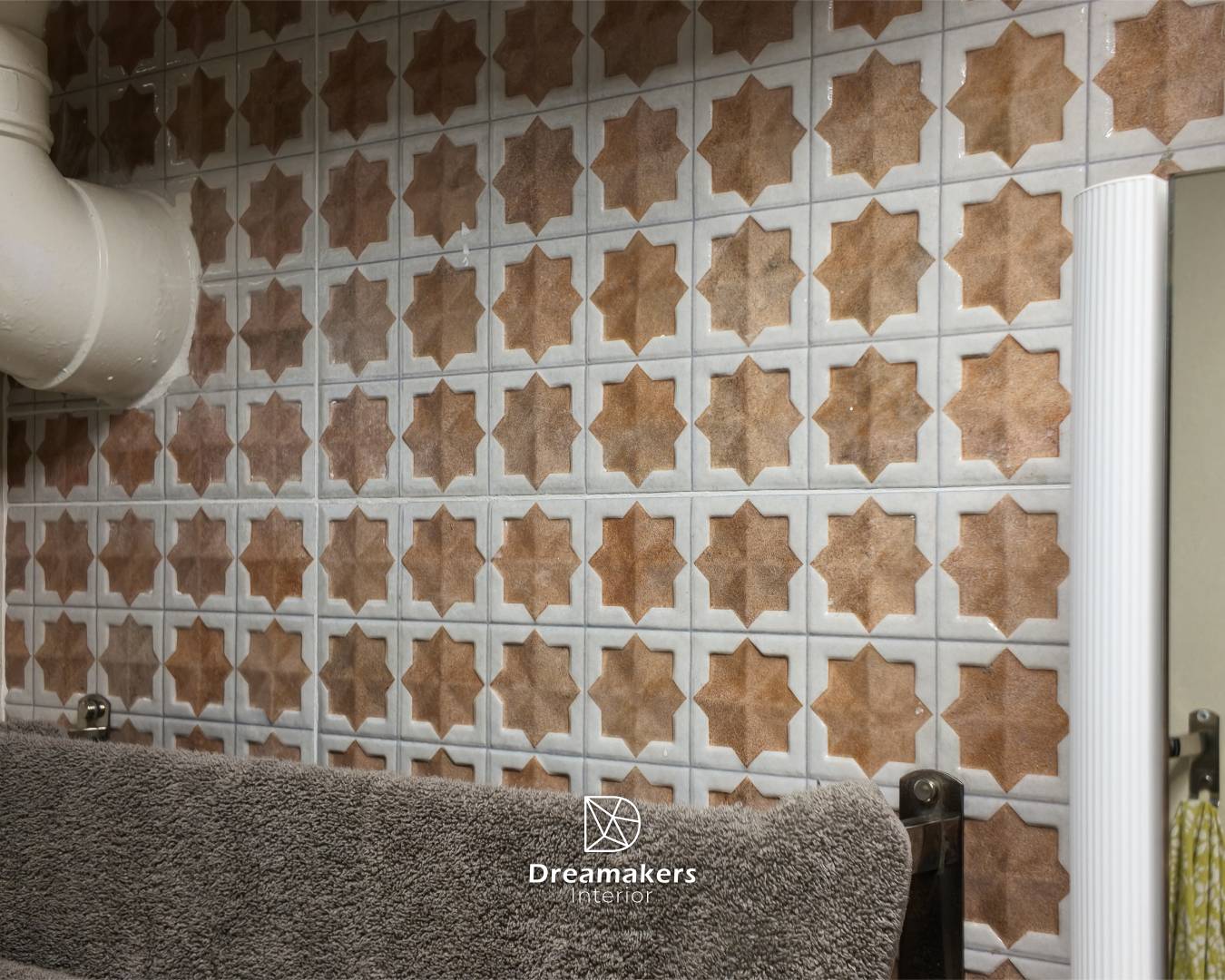 Terracotta star-pattern relief tiles in the second bathroom, Tampines executive apartment renovation