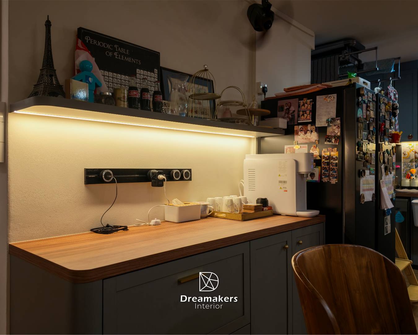 Coffee station with under-shelf lighting and industrial power track, Tampines executive apartment kitchen