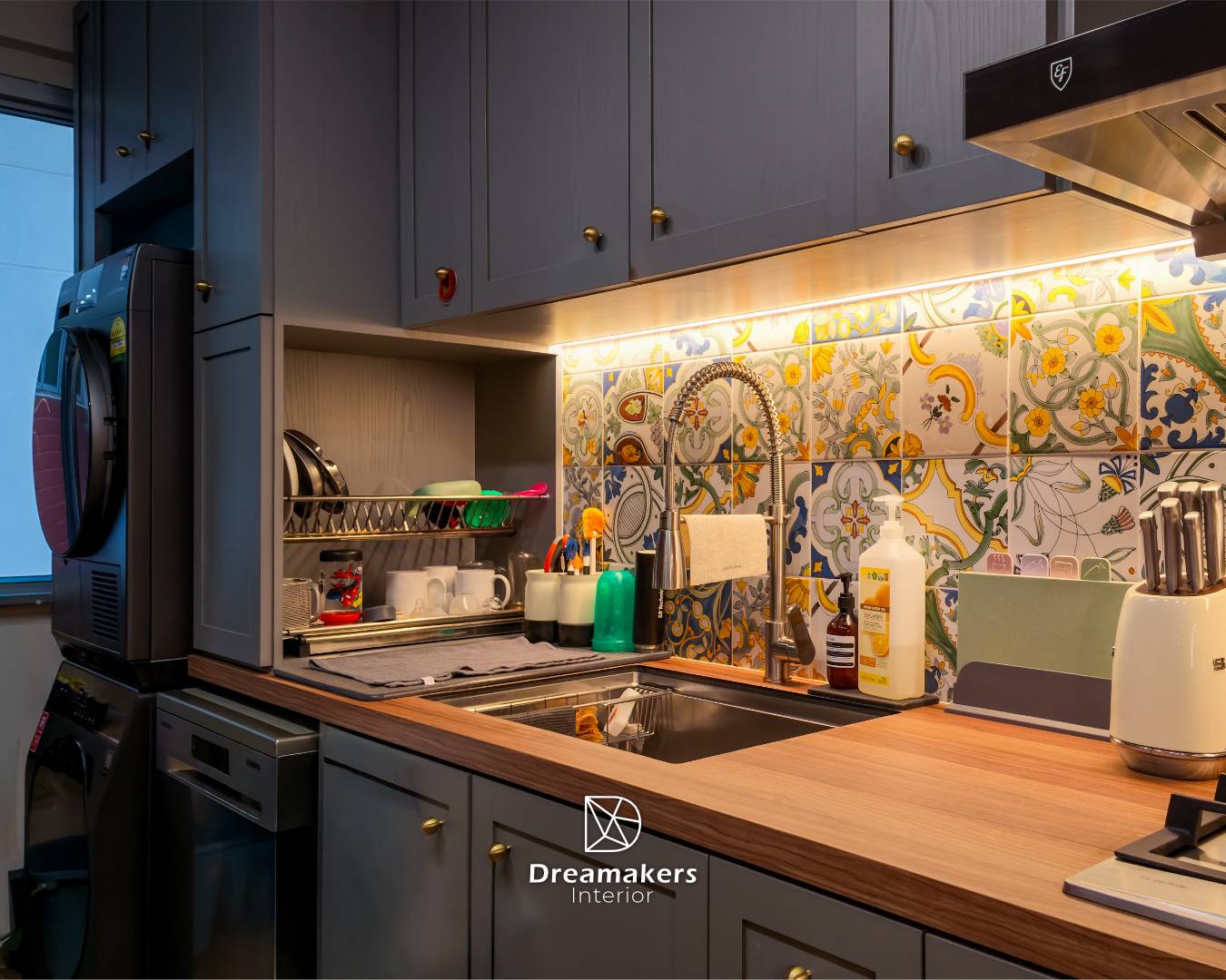 Kitchen sink with hand-painted tile backsplash, brass knobs and concealed dish rack, Tampines EA renovation