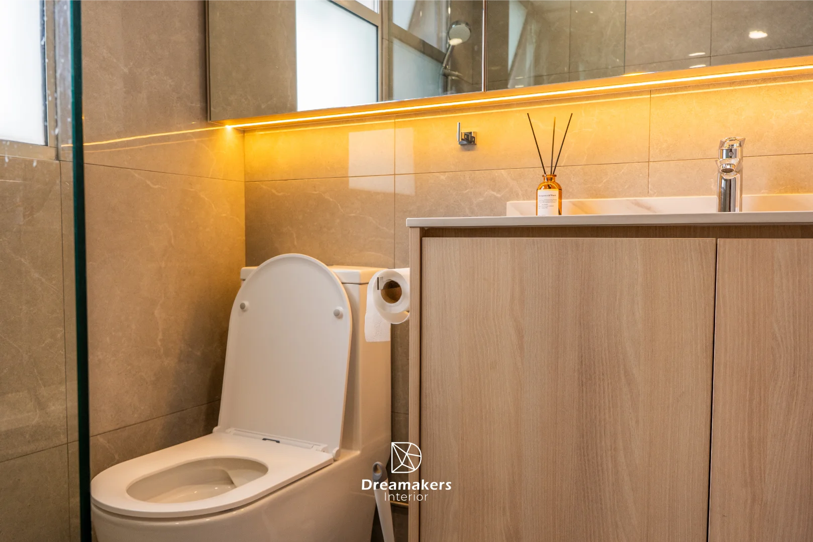 Second bathroom with matching stone-look finishes, The Eden condominium renovation Draycott Park