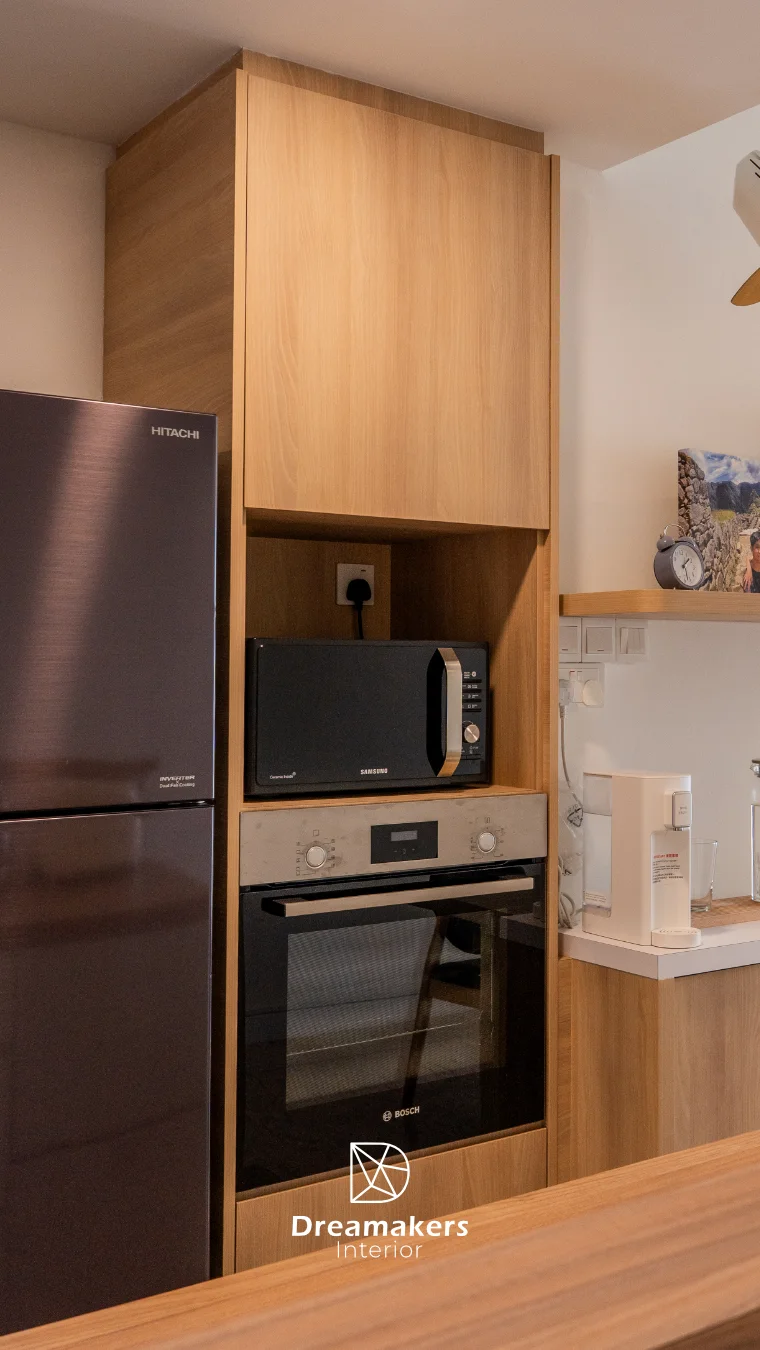Kitchen storage and display shelving detail, The Eden condo renovation Singapore