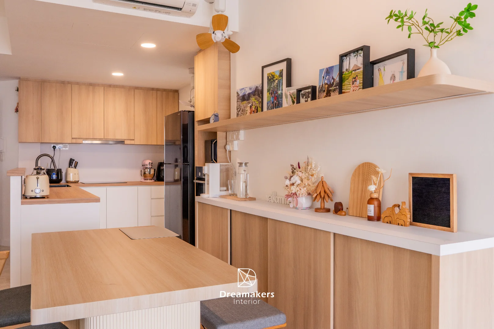 Living and dining area in warm japandi style, The Eden condo interior design