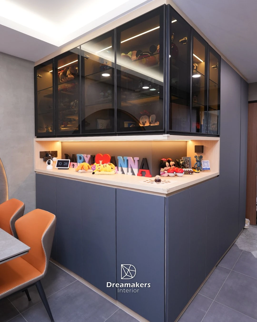Navy display wall with backlit glass cabinets full of collectibles, 206D Woodleigh Link 4-room resale renovation