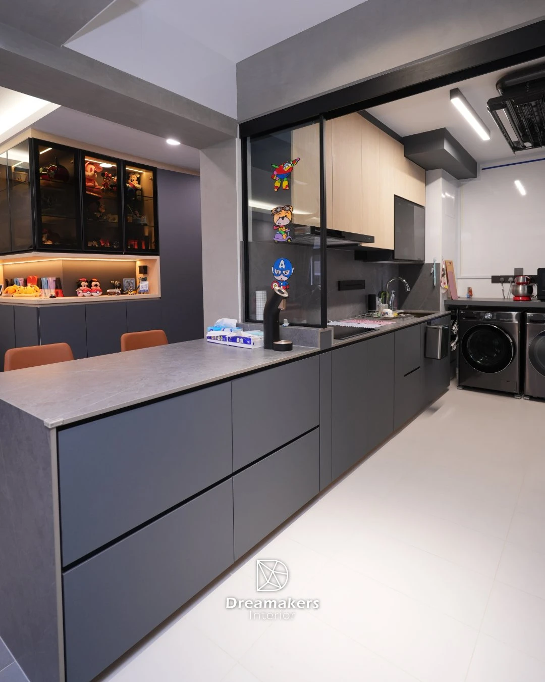 Open kitchen with grey island counter, oak and charcoal cabinets, Woodleigh Link 4-room resale Bidadari