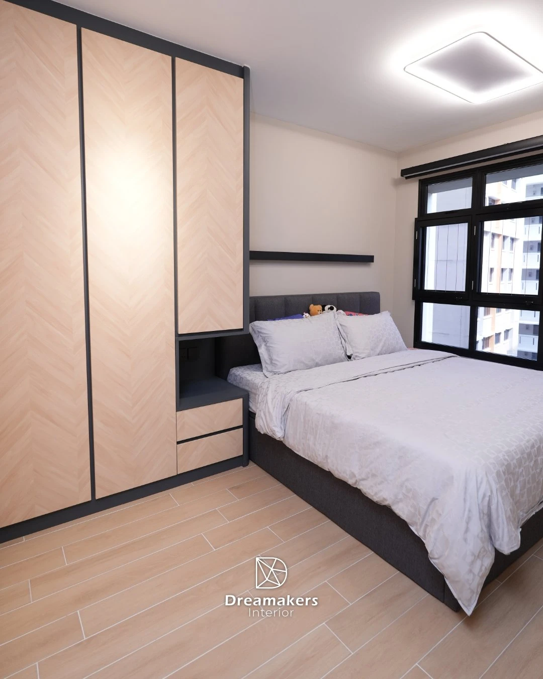 Master bedroom with herringbone wardrobe panels and built-in bedside dresser, Woodleigh Link 4-room resale