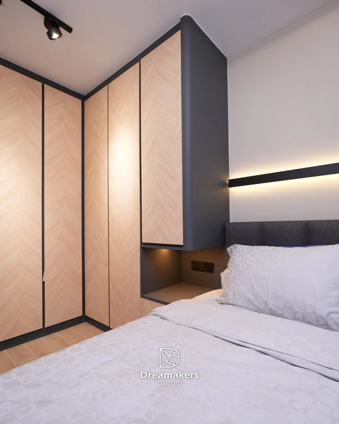 Bedroom corner with herringbone wardrobe and black accent headboard wall, Woodleigh Link 4-room resale Bidadari